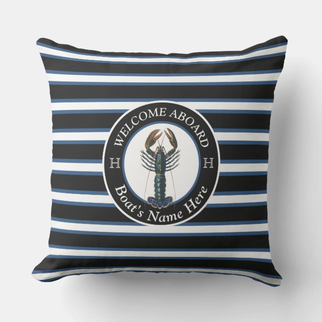 Black White Blue Stripe Boat Name Lobster Welcome Outdoor Pillow (Front)