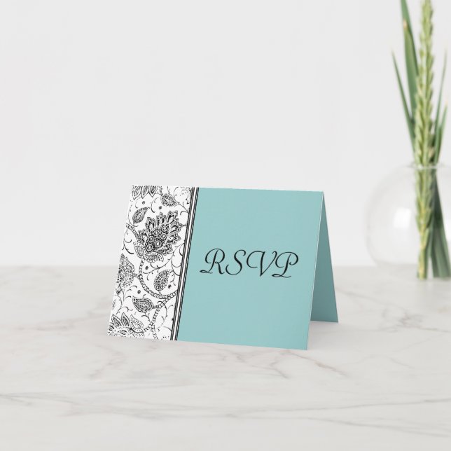 Black White Blue Toile RSVP Reply Cards (Front)