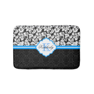 Black White & Blue Vintage Floral Damasks Bath Mat