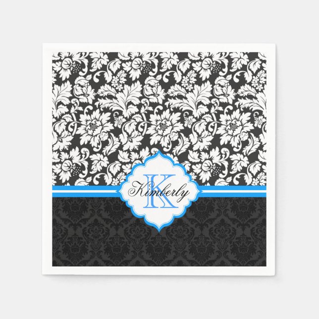 Black White & Blue Vintage Floral Damasks Napkin (Front)