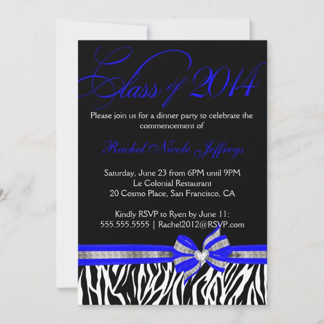 Black White Blue Zebra 2014 Graduation Invitation (Front)
