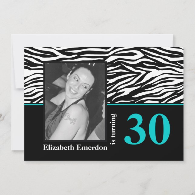 Black white blue zebra print 30th birthday photo invitation (Front)