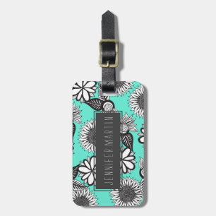 Black White Bohemian Hand Drawn Flowers on Teal Luggage Tag