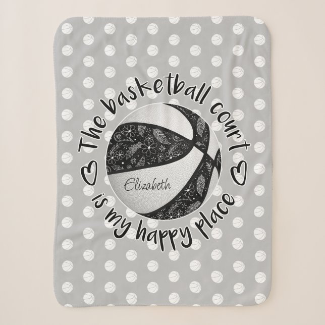 black white boho basketball court my happy place sherpa blanket (Front)