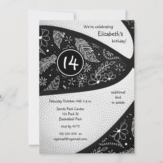 black white boho basketball girls sports party invitation (Front)