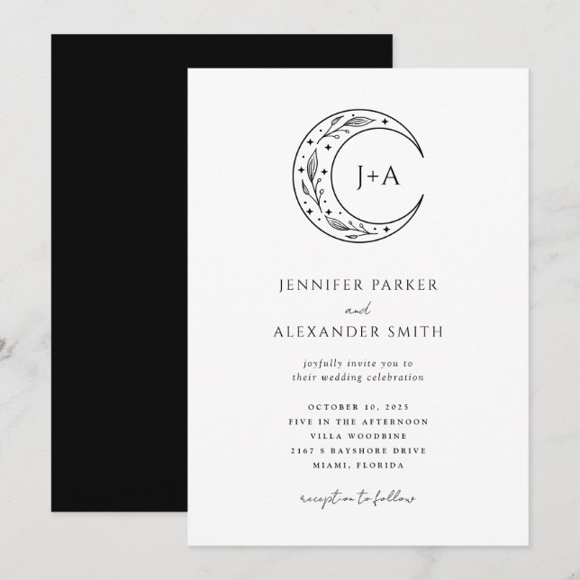 Black White Boho Celestial Wedding Invitation (Front/Back)