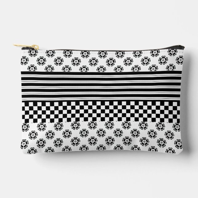 Black White Boho Check Floral Stripes Pattern Accessory Pouch (Front)