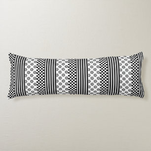 Black White Boho Check Floral Stripes Pattern Body Pillow