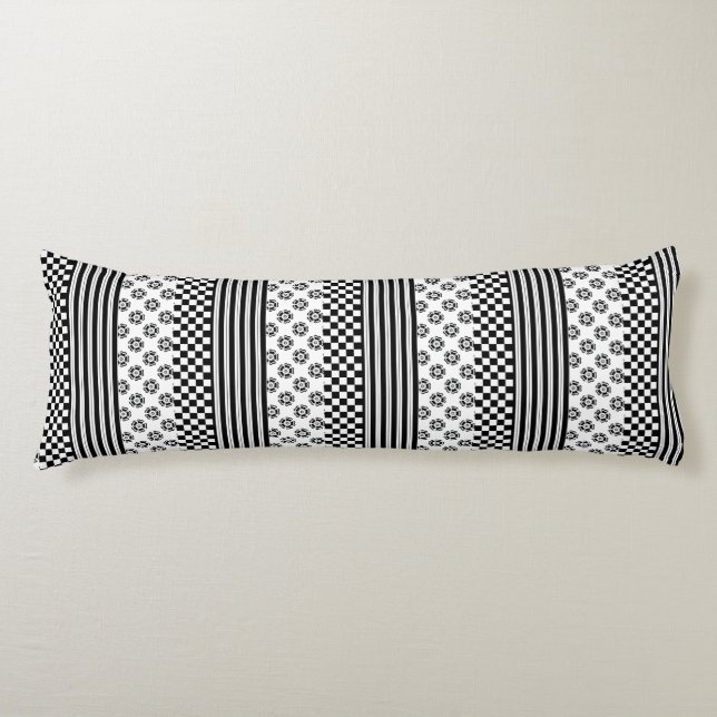 Black White Boho Check Floral Stripes Pattern Body Pillow (Front)