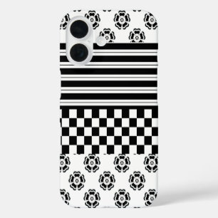 Black White Boho Check Floral Stripes Pattern iPhone 16 Case