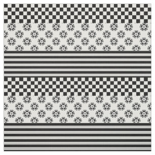 Black White Boho Check Floral Stripes Pattern Fabric