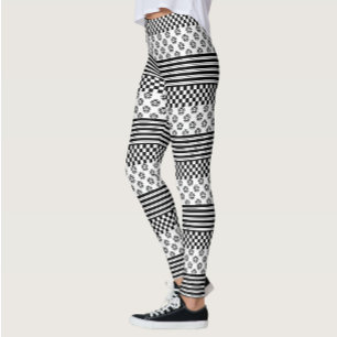 Black White Boho Check Floral Stripes Pattern Leggings