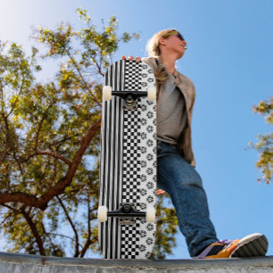 Black White Boho Check Floral Stripes Pattern Skateboard