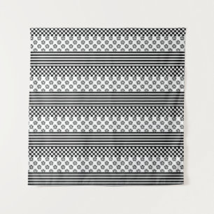 Black White Boho Check Floral Stripes Pattern Tapestry