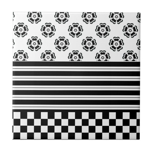 Black White Boho Check Floral Stripes Pattern Tile (Front)