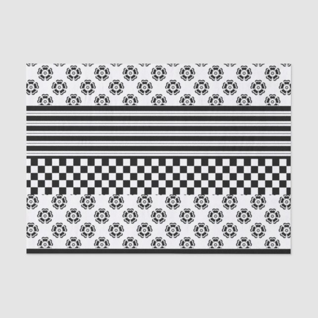 Black White Boho Check Floral Stripes Pattern Tissue Paper (Front)