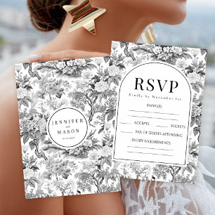 Black white boho floral wedding RSVP cards