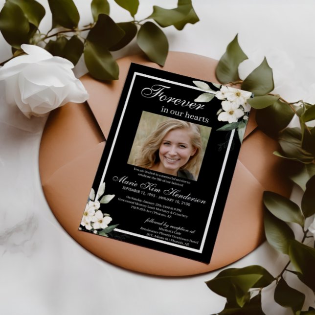 Black White Boho Greenery Funeral Memorial Service Invitation (Creator Uploaded)