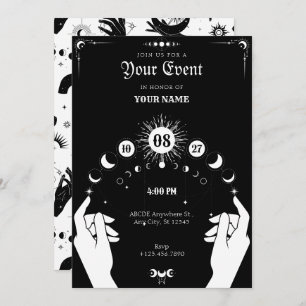 Black white Boho Moon mystical hand Invitation