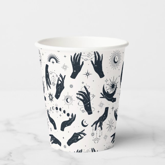Black white Boho Moon mystical hand pattern Paper Cups (Front)