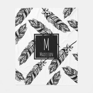 Black & White Boho Tribal Feathers - Personalized Fleece Blanket