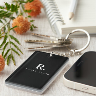 Black White Bold Dot Monogram Modern Minimalist Keychain