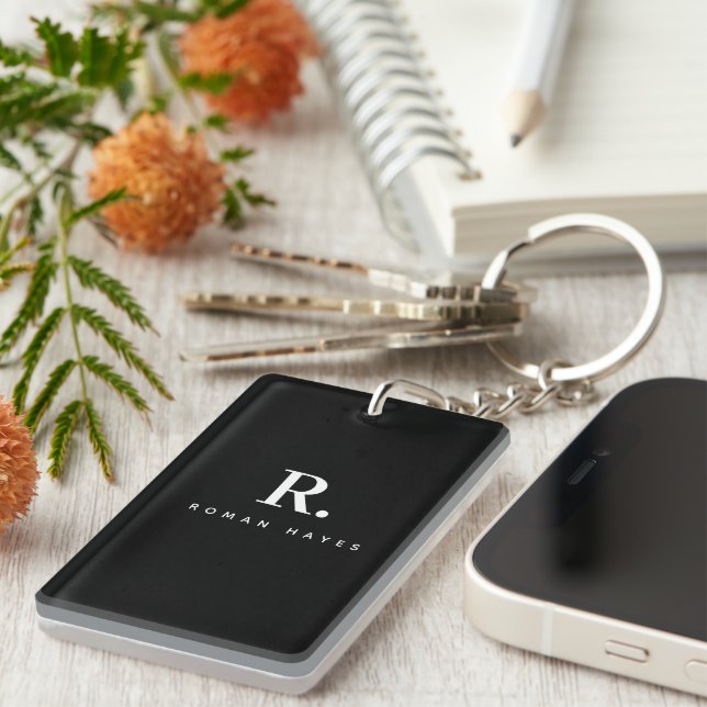 Black White Bold Dot Monogram Modern Minimalist Keychain (Front Right)