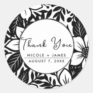 Black & White Bold Floral Bloom Baby Shower Classic Round Sticker