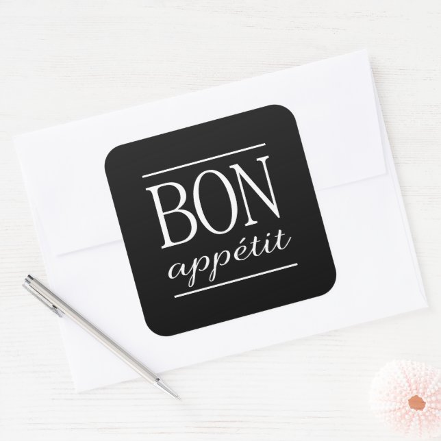 Black & White BON APPETIT Quote Dinner Food Text Square Sticker (Envelope)