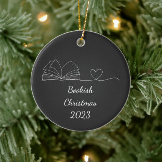 Black & White Book Lover Line Art, Dark Ceramic Ornament