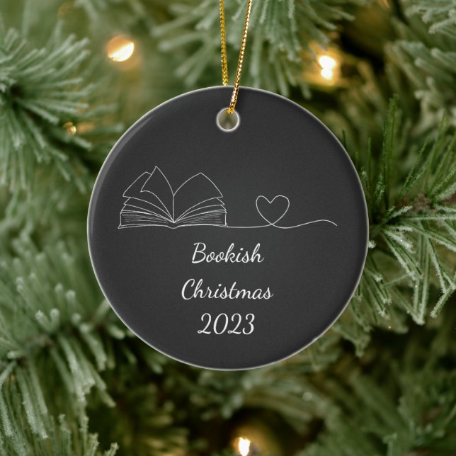 Black & White Book Lover Line Art, Dark Ceramic Ornament (Tree)