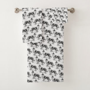 Black White Border Collie Dog Vintage Illustration Bath Towel Set