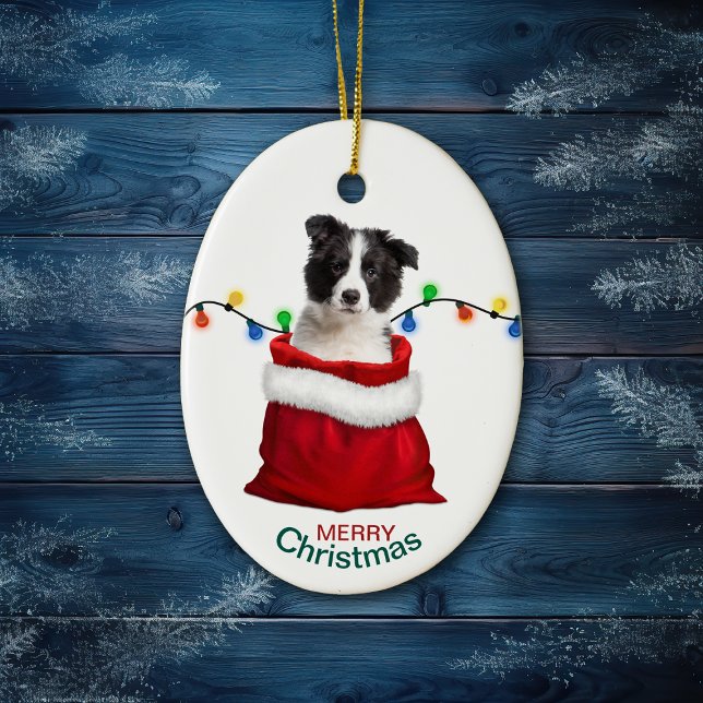 Black White Border Collie Pup in Holiday Gift Bag Ceramic Ornament (Creator Uploaded)