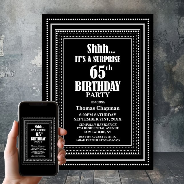 Black White Border Surprise 65th Birthday Party Invitation (Creator Uploaded)