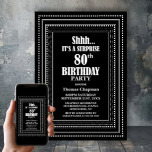 Black White Border Surprise 80th Birthday Party Invitation
