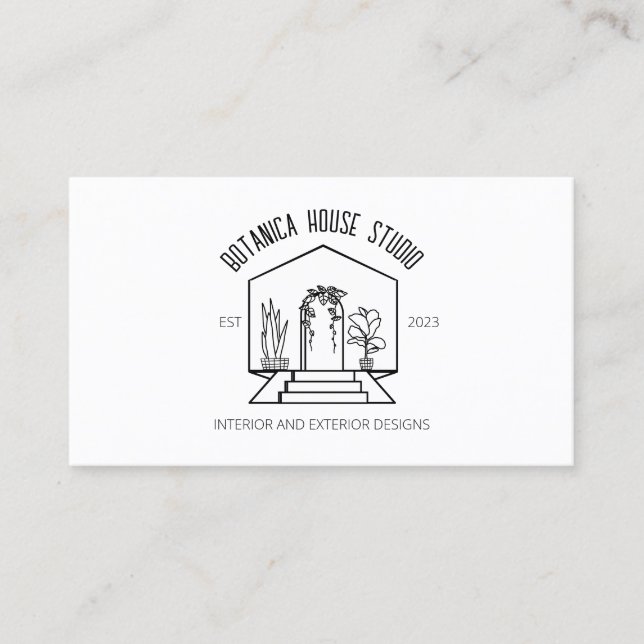 Black White Botanic House Interior Designer Business Card (Front)