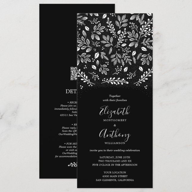 Black White Botanical All In One Wedding Invite (Front/Back)