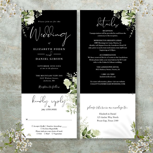 Black White Botanical Floral All In One Wedding  Invitation (Black White Botanical Floral All In One Wedding Invitation)