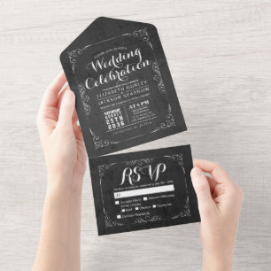 Black & White Botanical Floral Frame Wedding RSVP  All In One Invitation