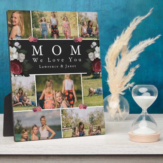 Black & White Botanical Floral Mom 8 Photo Collage Plaque (Side)