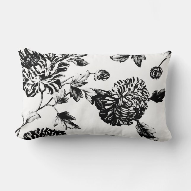 Black & White Botanical Floral Toile Lumbar Pillow (Front)