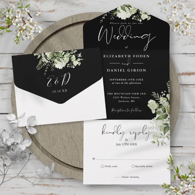 Black White Botanical Greenery Monogram Wedding  All In One Invitation (Creator Uploaded)
