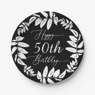 Black & White Botanical Happy 50th Birthday Party Paper Plate