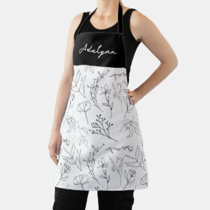 Black White Botanical Line Art Custom Name Apron