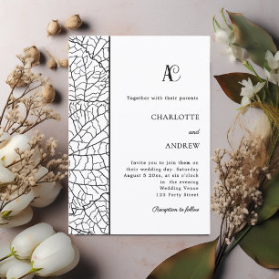 Black white botanical monogram wedding invitation