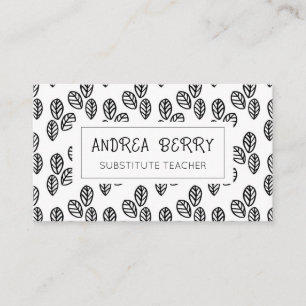 Black White Botanical Substitute Teacher Business Card