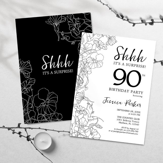 Black White Botanical Surprise 90th Birthday Invitation (Creator Uploaded)