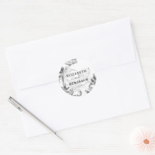 Black White Botanical Wedding Classic Round Sticker