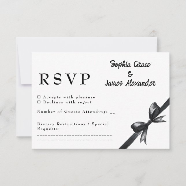 Black & White Bow | Elegant Wedding | Monochrome RSVP Card (Front)