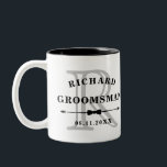 Black White Bow Tie Monogram Groomsman Wedding Two-Tone Coffee Mug<br><div class="desc">Coffee mug for your groomsmen where you can personalize the mug with your groomsman's name and the date in black atop their initial in grey with a bow tie divider.</div>